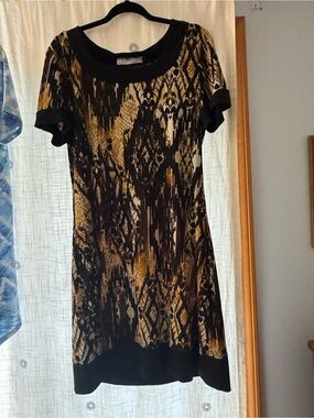 Black and Gold Printed Midi Dress with Scoop Neck
